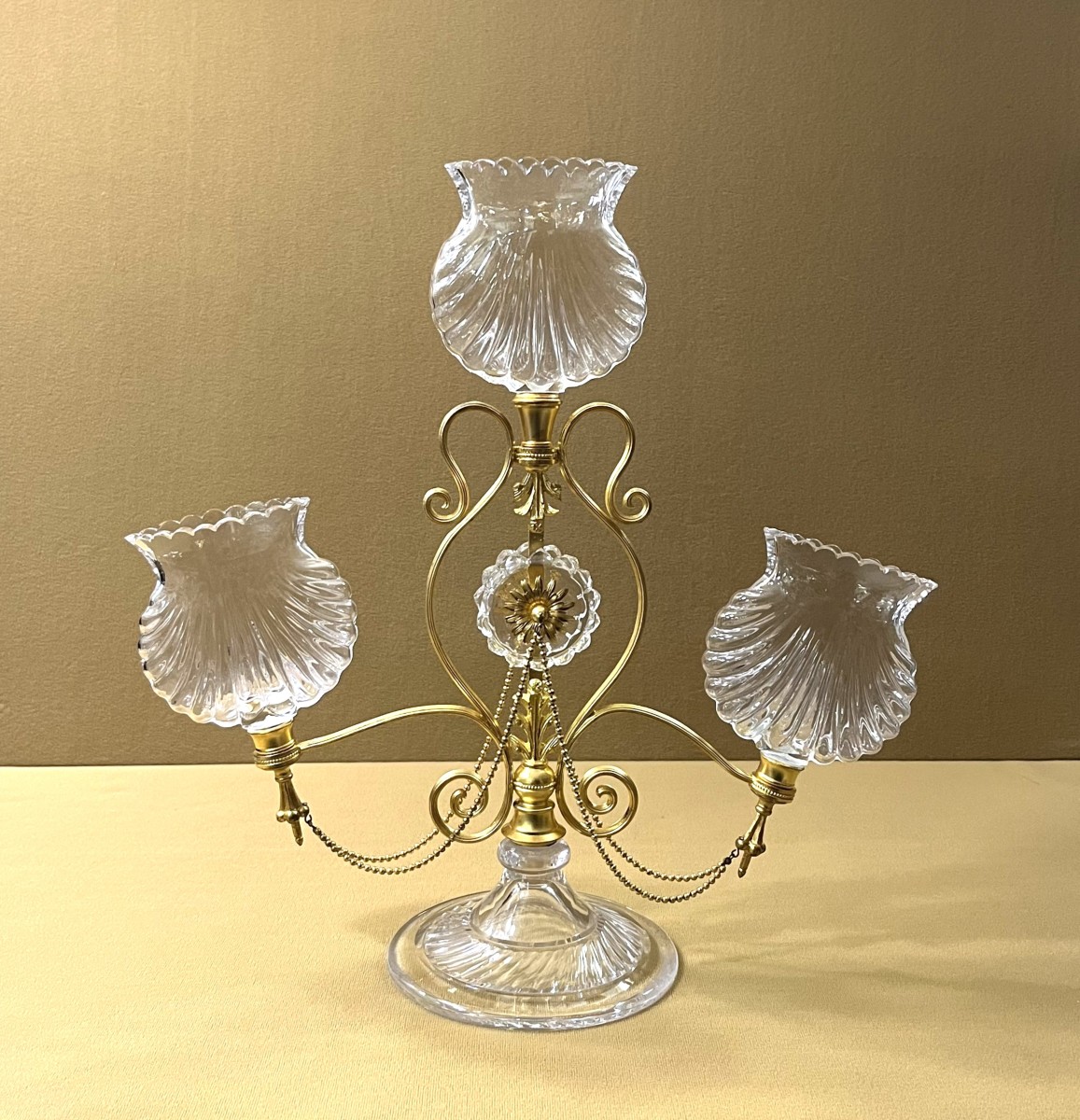 Antique Centerpiece With Three Crystal And Gilt Bronze Flower Holders, 19th Century