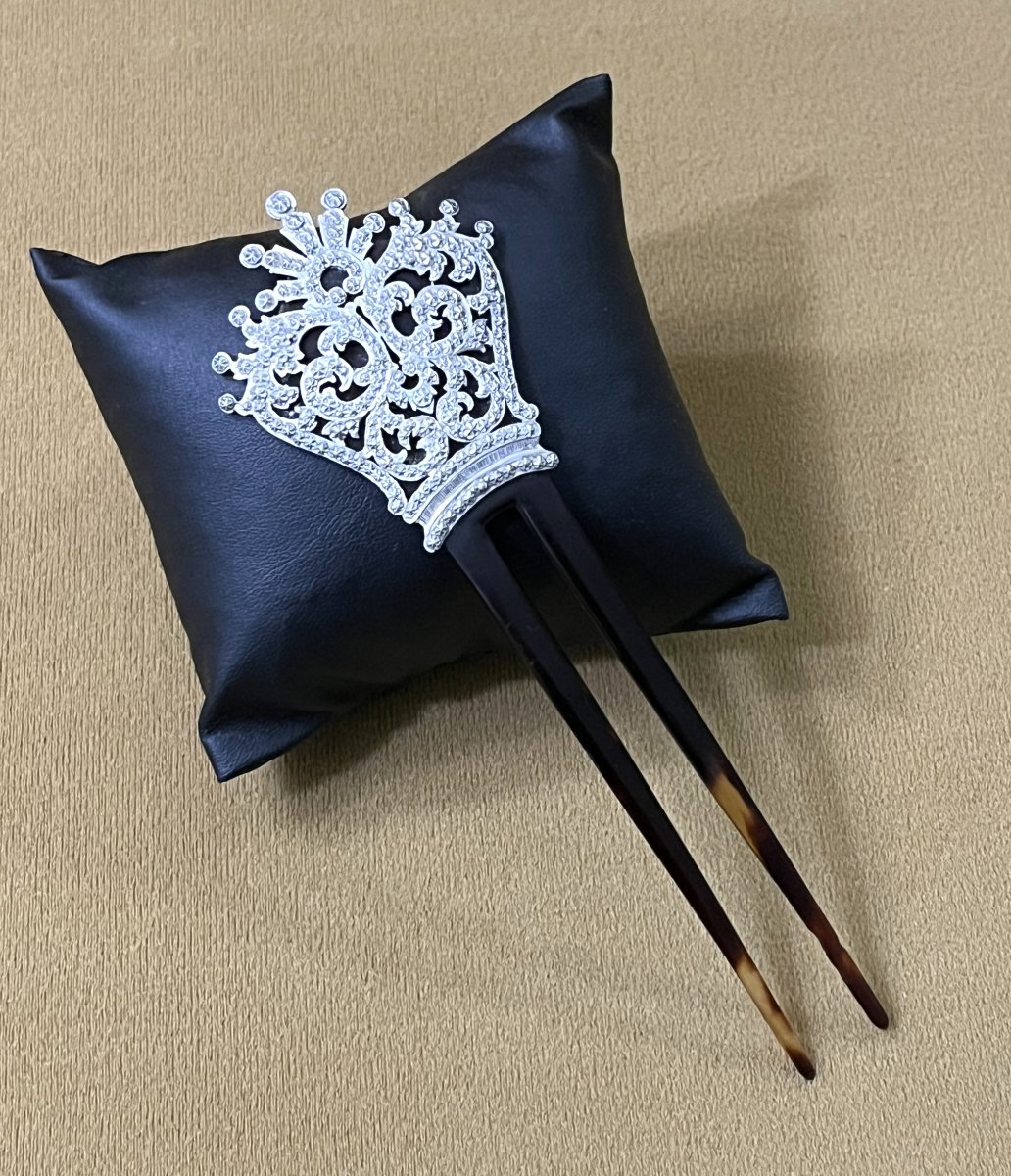 ancien peigne à chignon / cheveux en écaille et argent massif, époque Napoléon III-photo-2