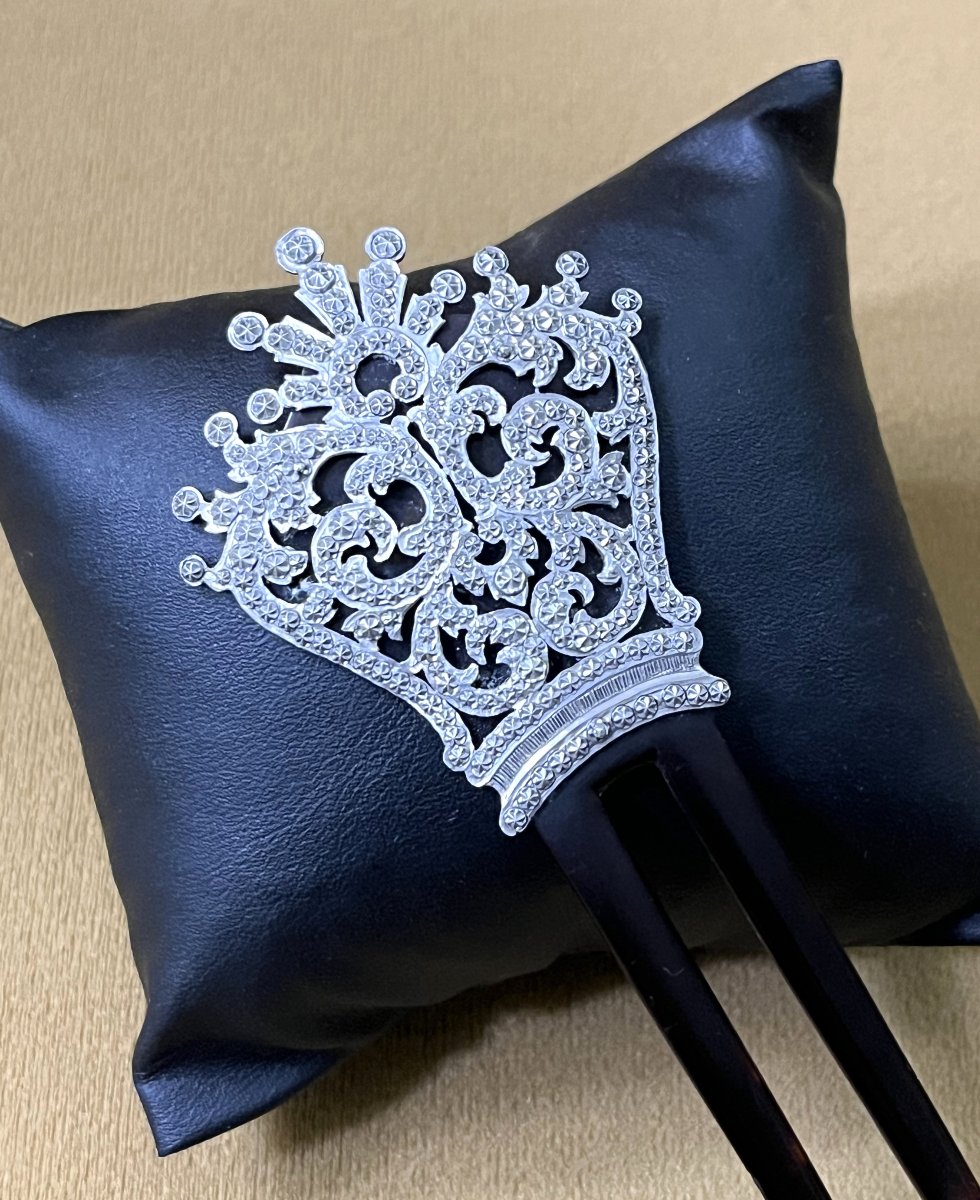 ancien peigne à chignon / cheveux en écaille et argent massif, époque Napoléon III-photo-3