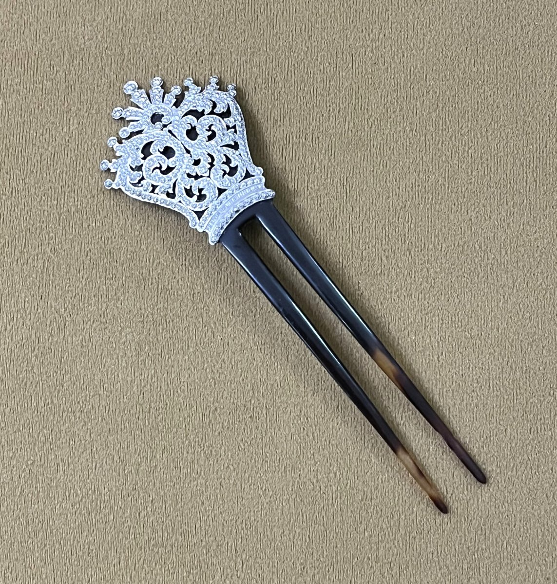 ancien peigne à chignon / cheveux en écaille et argent massif, époque Napoléon III-photo-2