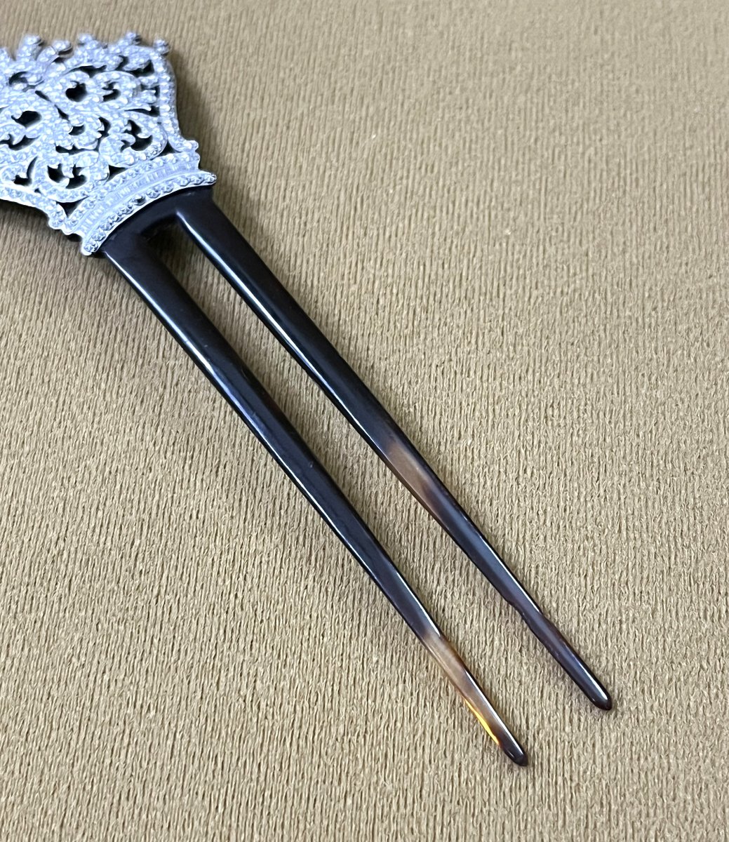 ancien peigne à chignon / cheveux en écaille et argent massif, époque Napoléon III-photo-3