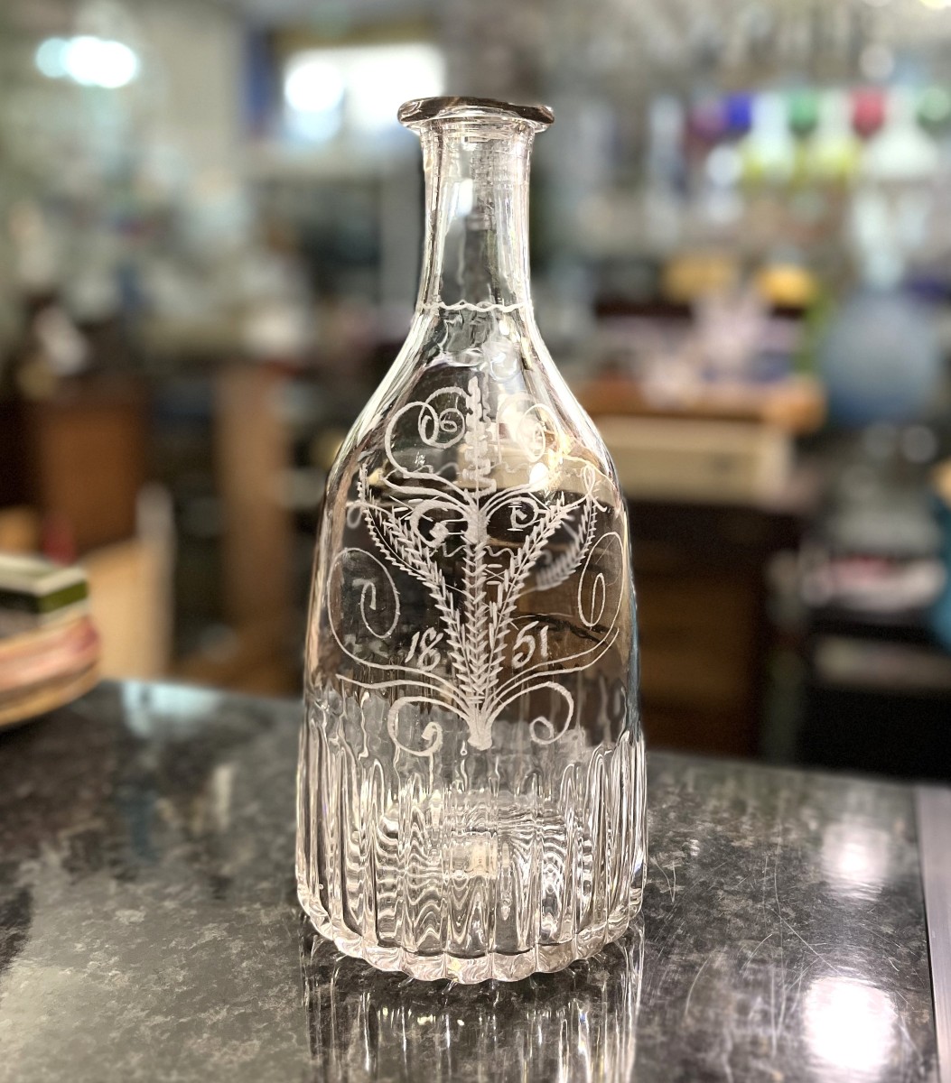 ancienne bouteille de mariage en verre soufflé de Flühli (Suisse) daté 1851