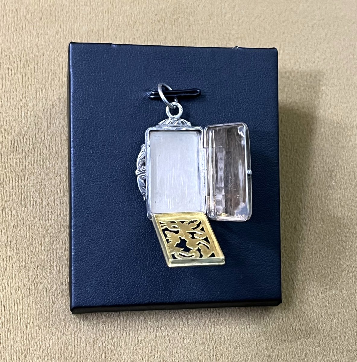 Antique Vinaigrette Pendant In Solid Silver, Nielloed And Vermeil, From The 19th Century-photo-2