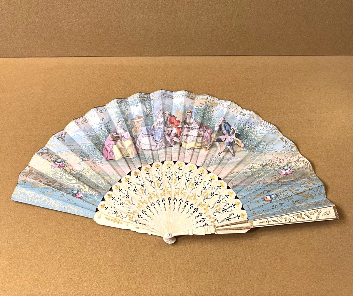 Antique Wallpaper Fan, Openwork And Gilded Bone Frame, 18th Century-photo-3