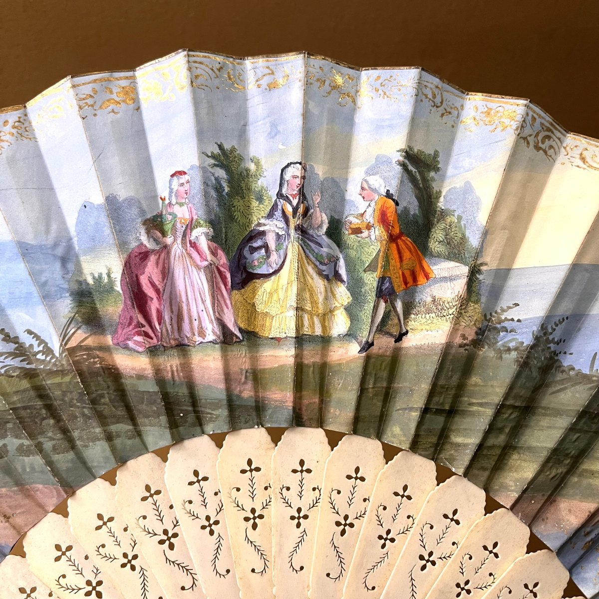 Antique Wallpaper Fan, Openwork And Gilded Bone Frame, 18th Century-photo-4