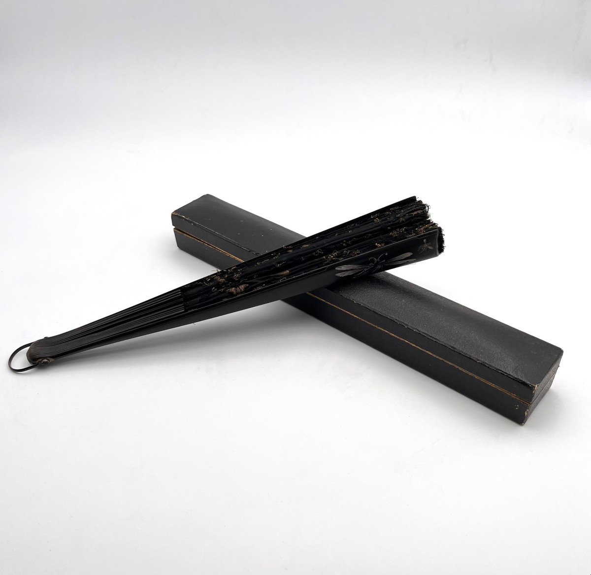 Antique Lace Fan, Blackened Wood Frame, Napoleon III Period-photo-2