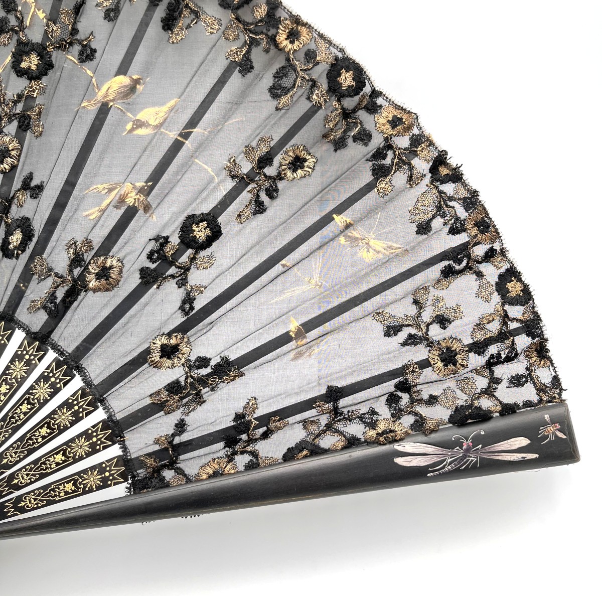Antique Lace Fan, Blackened Wood Frame, Napoleon III Period-photo-4