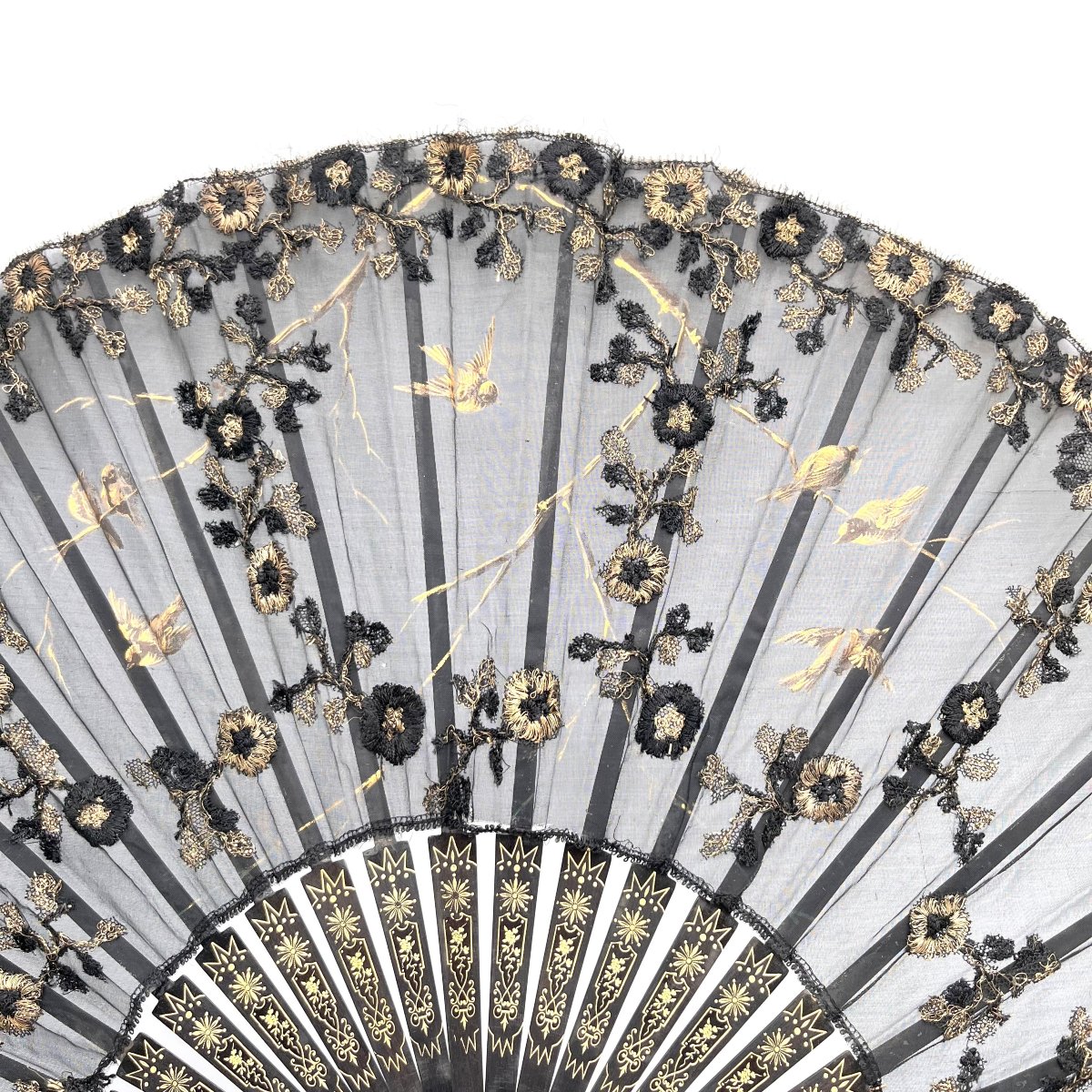 Antique Lace Fan, Blackened Wood Frame, Napoleon III Period-photo-1