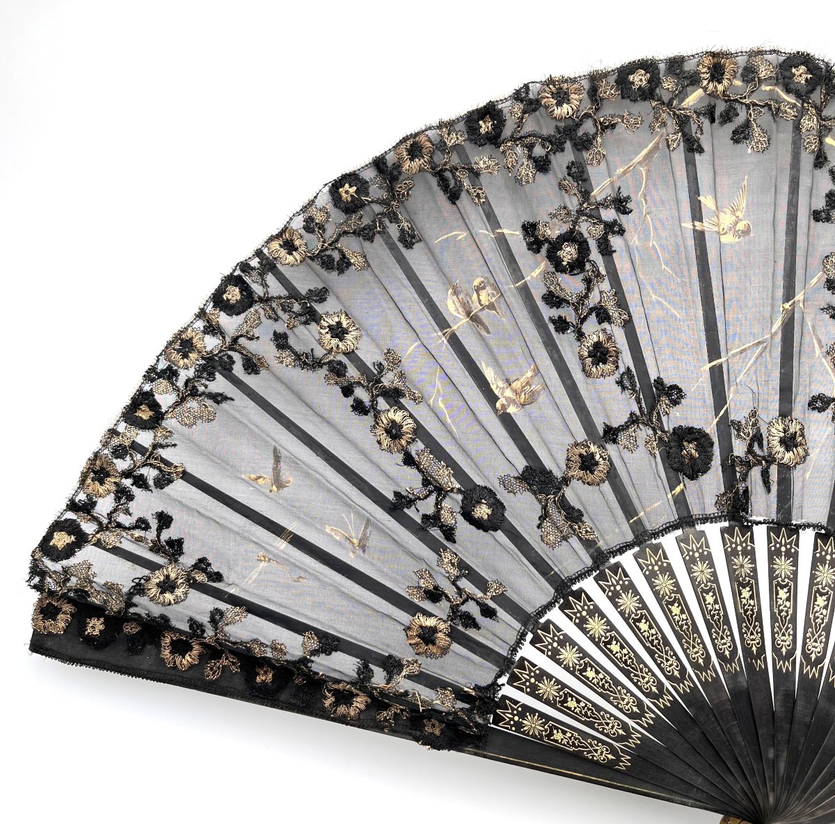 Antique Lace Fan, Blackened Wood Frame, Napoleon III Period-photo-3