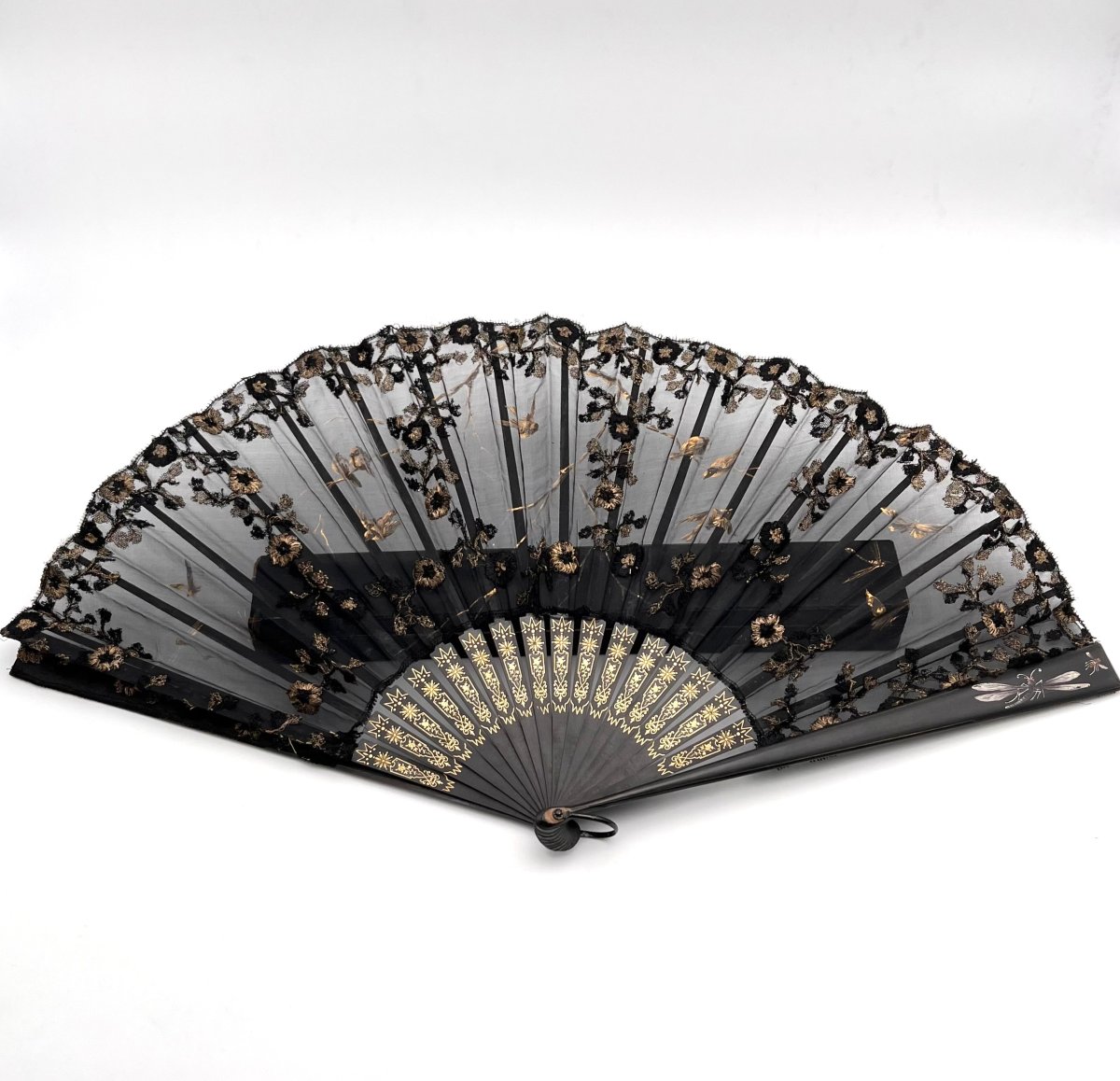 Antique Lace Fan, Blackened Wood Frame, Napoleon III Period-photo-4