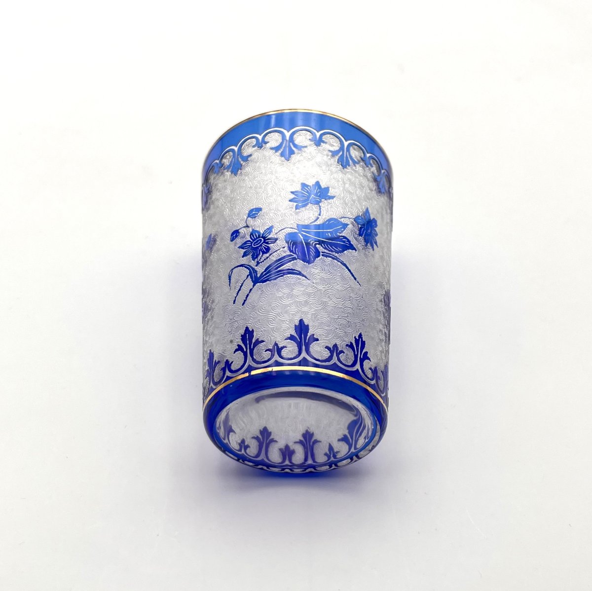 SAINT LOUIS - ancien verre / gobelet en cristal doublé bleu au décor gravé à l'acide-photo-4