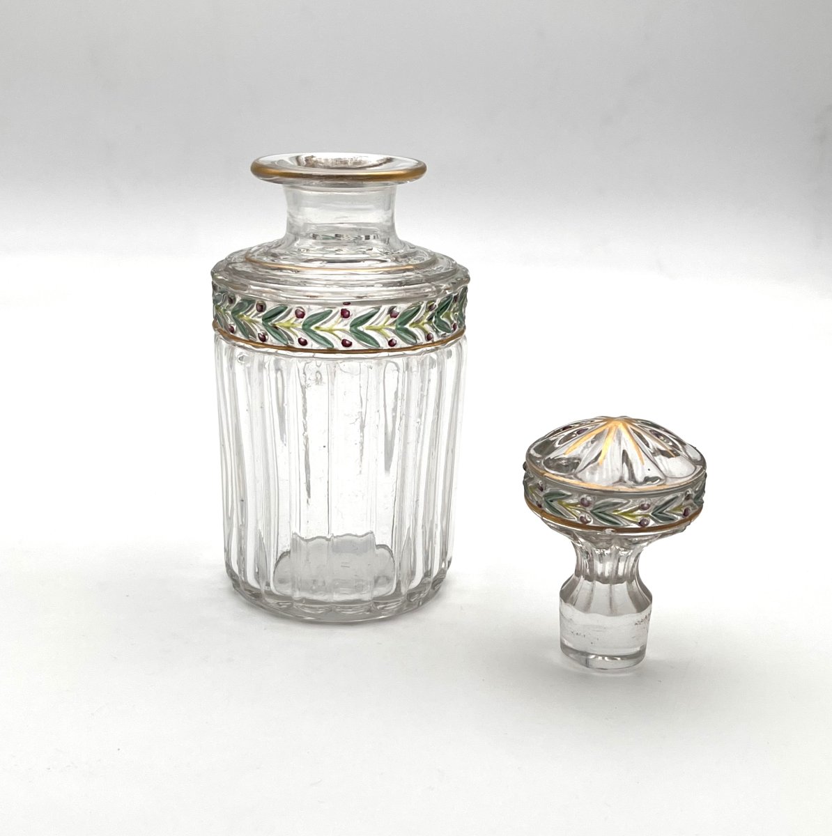 SAINT LOUIS - ancien flacon à parfum en cristal émaillé, modèle EMPIRE décor LAURIER 17,5 cm-photo-3