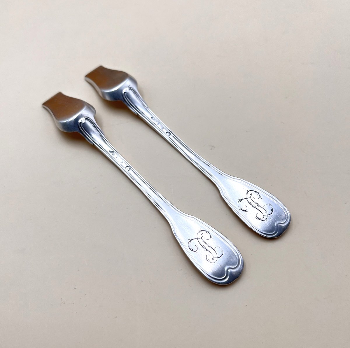 Pair Of Solid Silver Salt Shovels 1er Coq - Paris Model Filet-photo-2