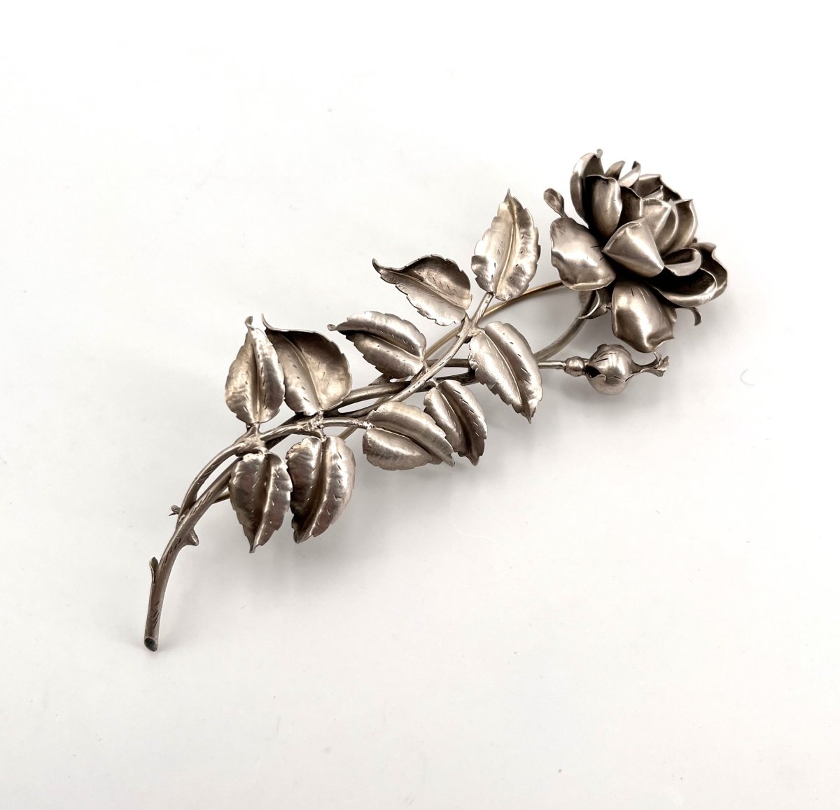 JULES HEIM - grand broche ROSE en argent massif d'époque ART NOUVEAU - bijoux ancien-photo-4