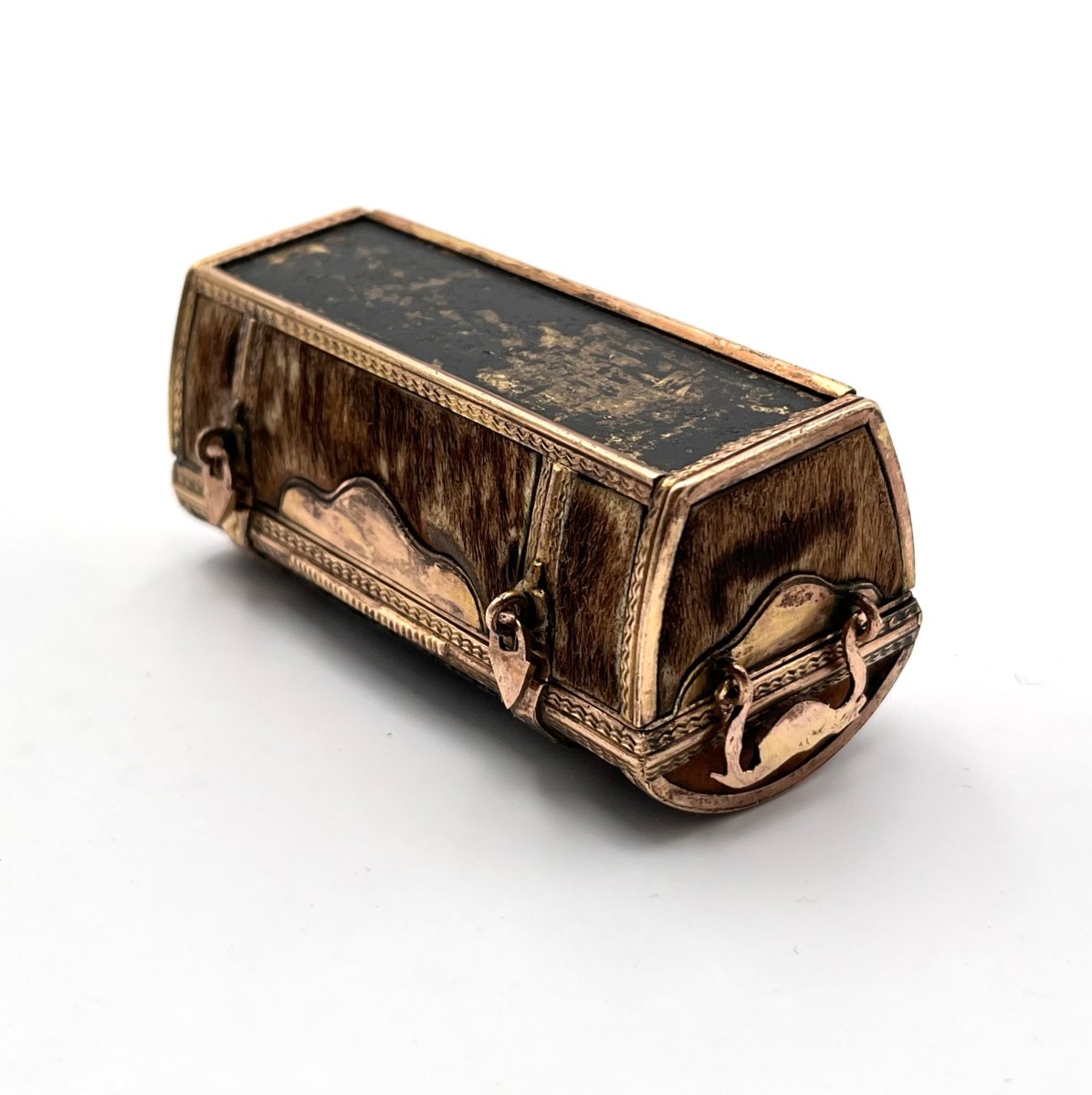 Antique Snuff Box / Snuff Box In Gilded Brass Depicting A Trunk, 18th Century-photo-6