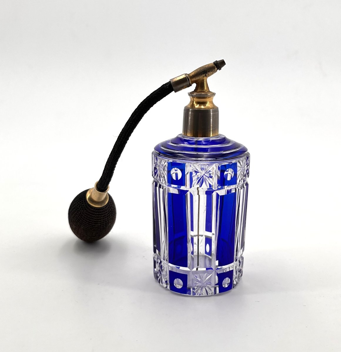 CRISTALLERIES DE NANCY - flacon vaporisateur à parfum ART DECO en cristal taillé doublé bleu-photo-3