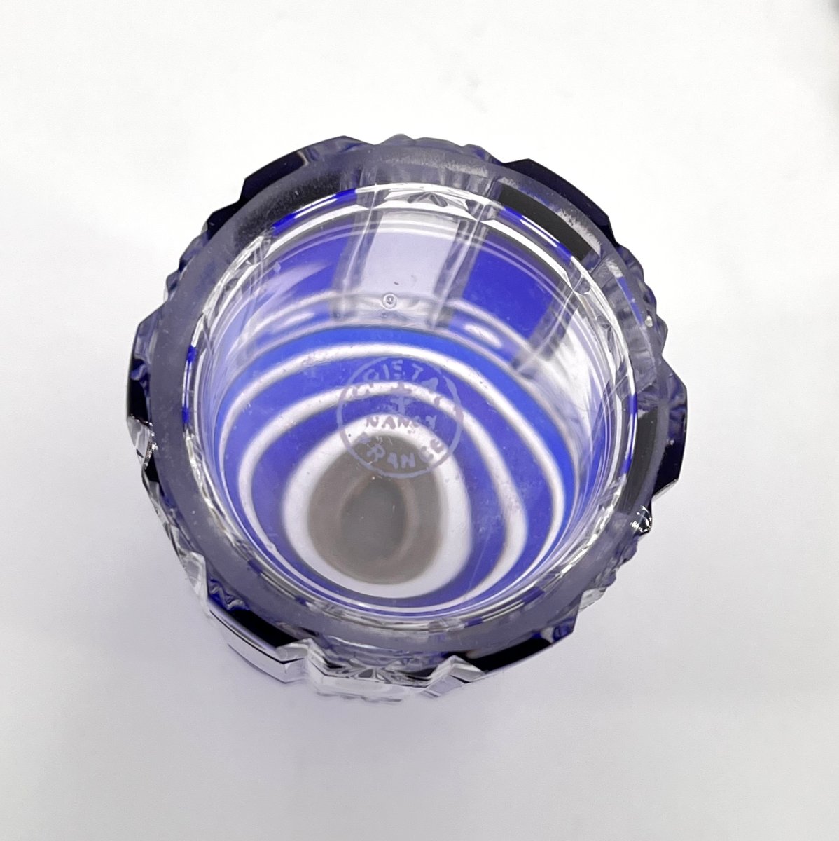CRISTALLERIES DE NANCY - flacon vaporisateur à parfum ART DECO en cristal taillé doublé bleu-photo-3