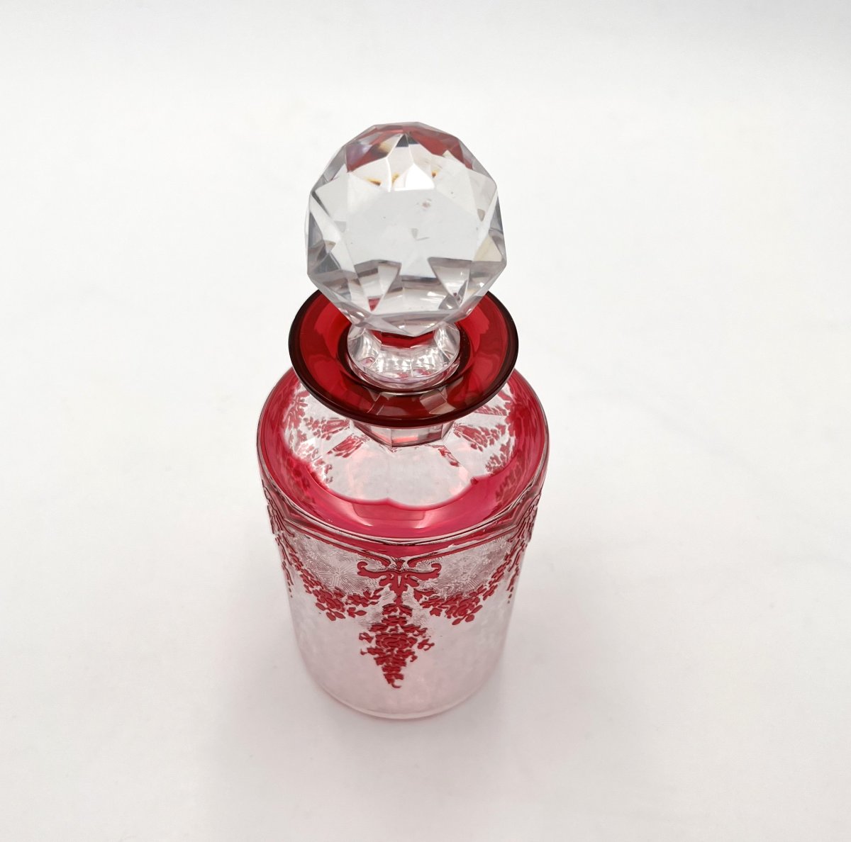 Val Saint Lambert - Perfume Bottle In Rose Lined Crystal, Acid-etched Decoration, Stamped-photo-2