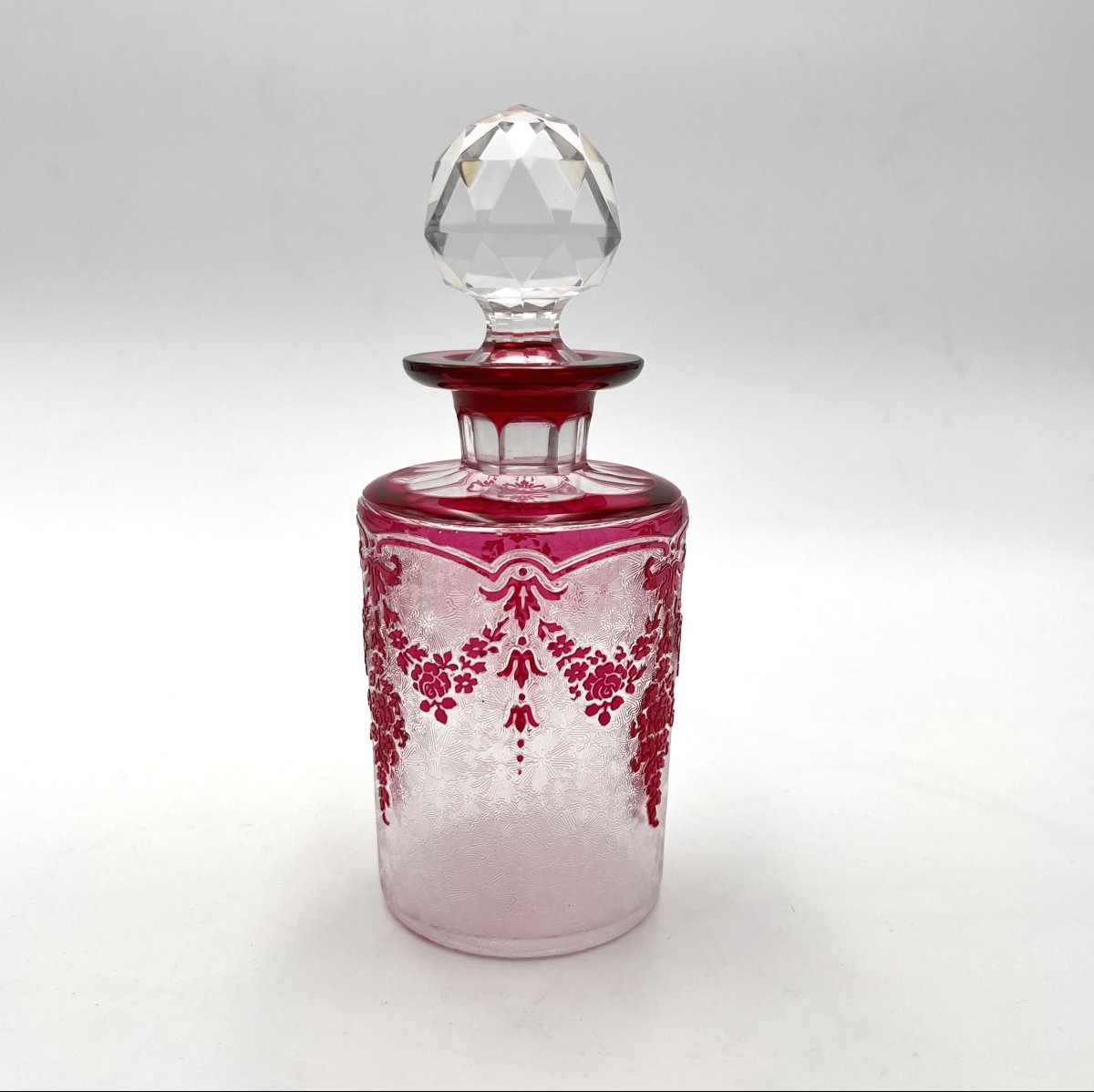 Val Saint Lambert - Perfume Bottle In Rose Lined Crystal, Acid-etched Decoration, Stamped-photo-3