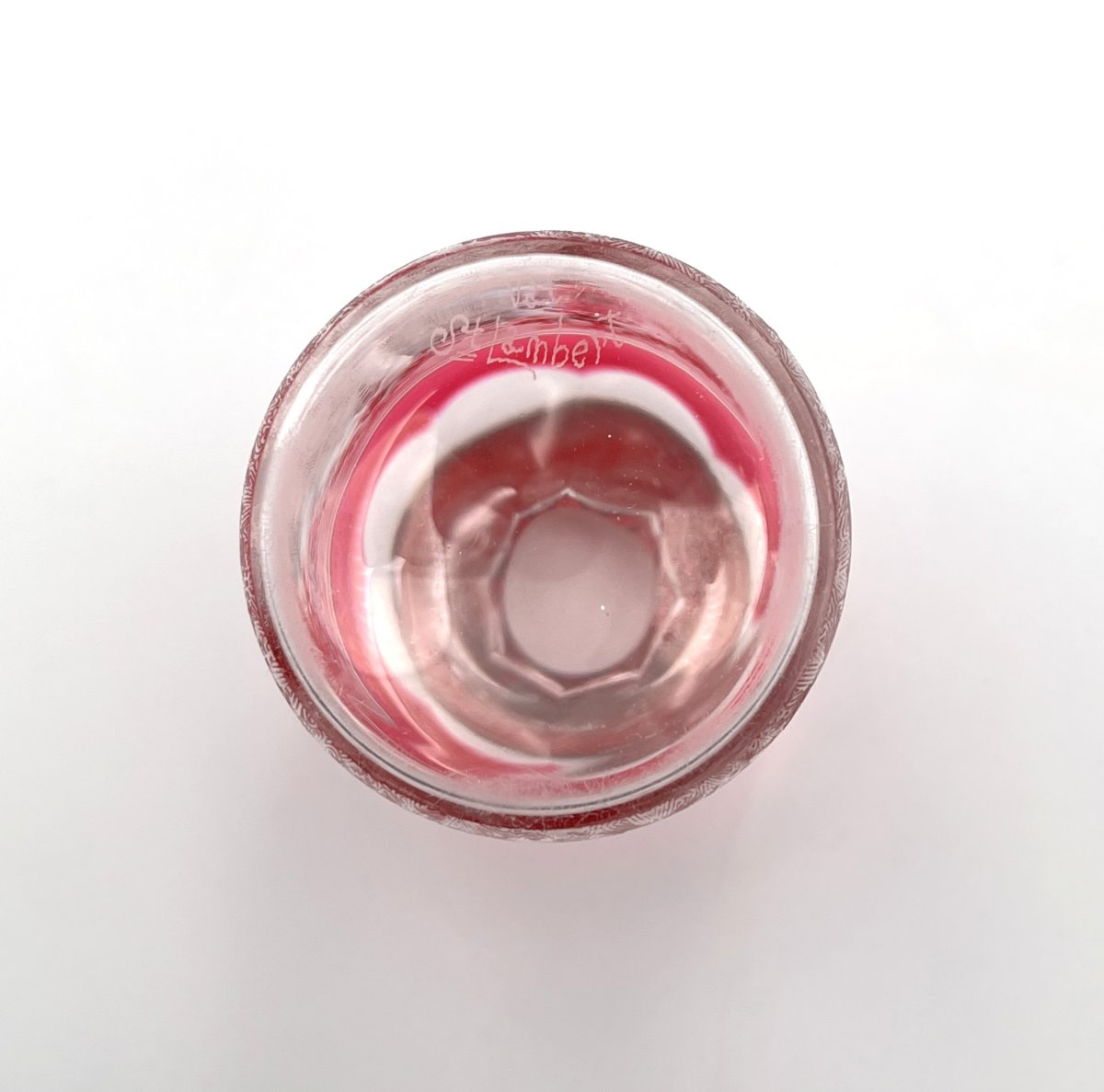 Val Saint Lambert - Perfume Bottle In Rose Lined Crystal, Acid-etched Decoration, Stamped-photo-5