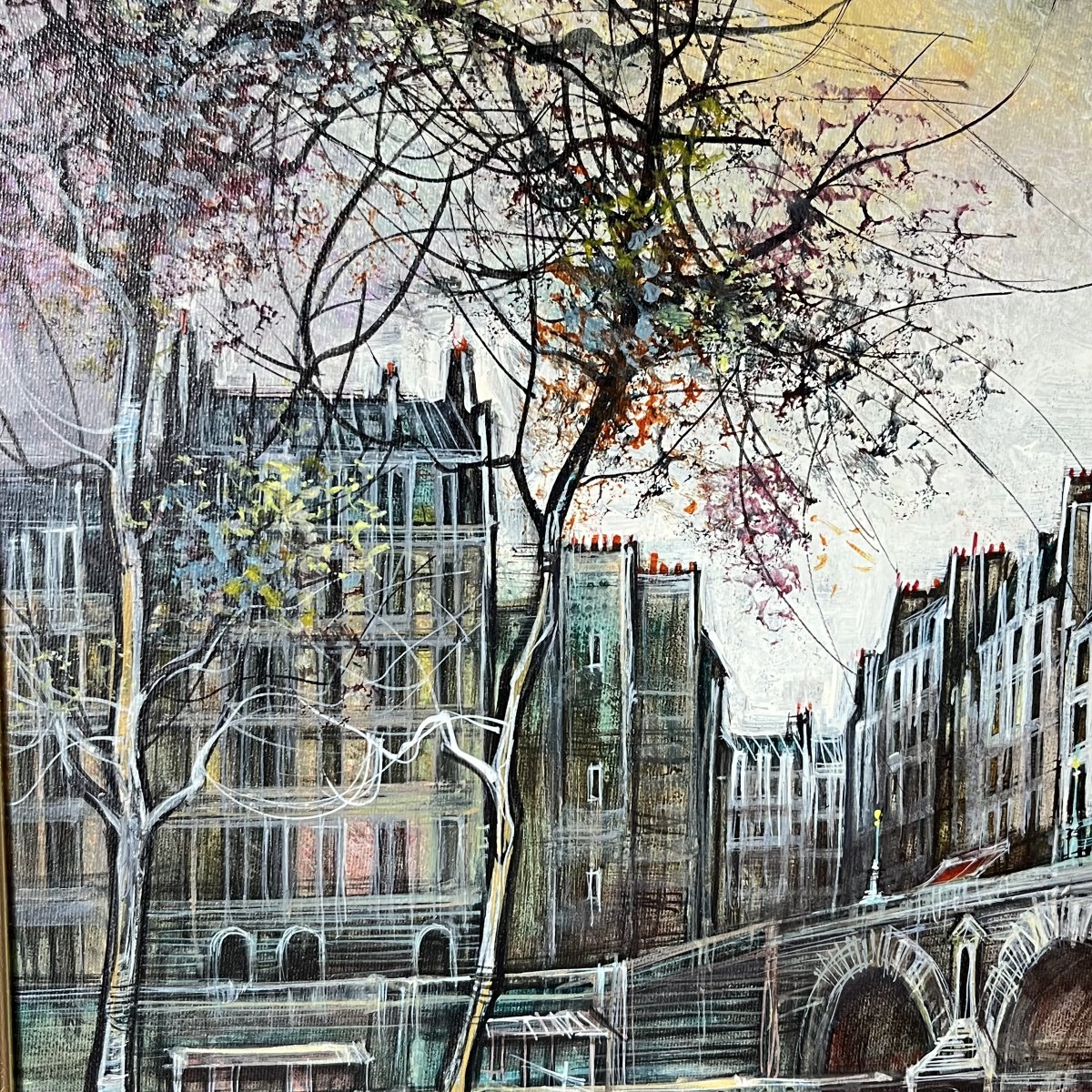 CLAUDE DUMONT - huile sur toile, vue de Paris, l'île Saint Louis et le vieux pont Marie-photo-2