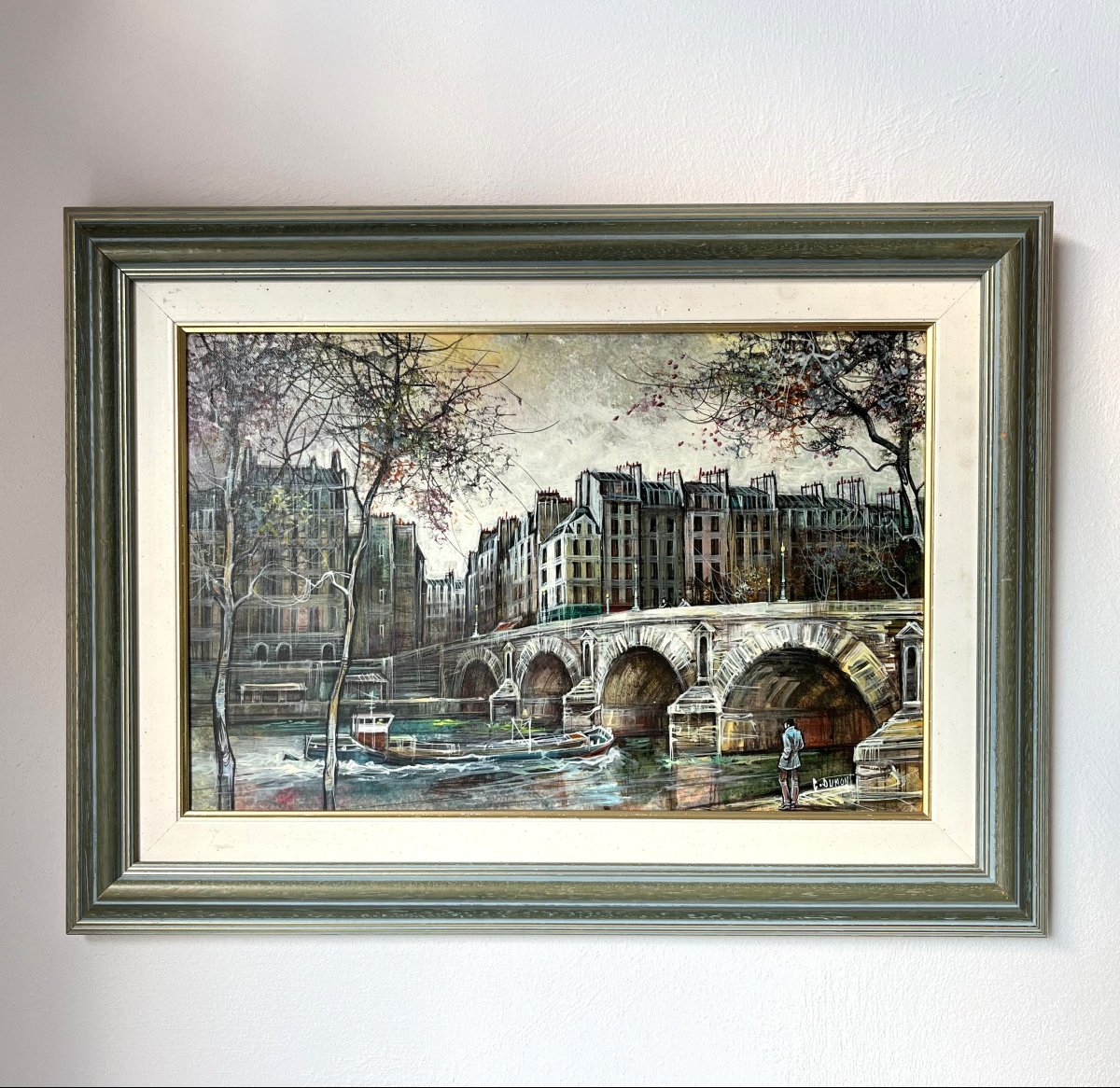 CLAUDE DUMONT - huile sur toile, vue de Paris, l'île Saint Louis et le vieux pont Marie