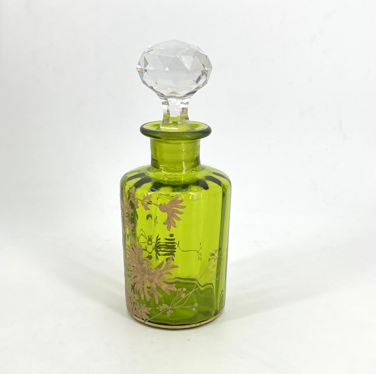 BACCARAT - ancien flacon à parfum en cristal vert émaillé or, modèle Chrysanthèmes 20 cm-photo-5