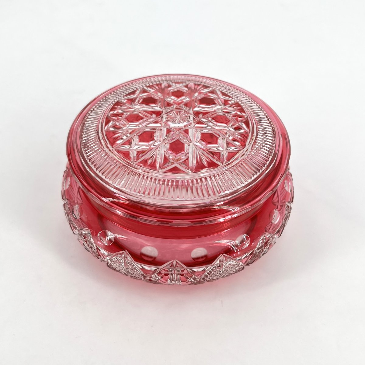 Baccarat - Round Box / Crystal Overlay Candy Dish With Red Lining