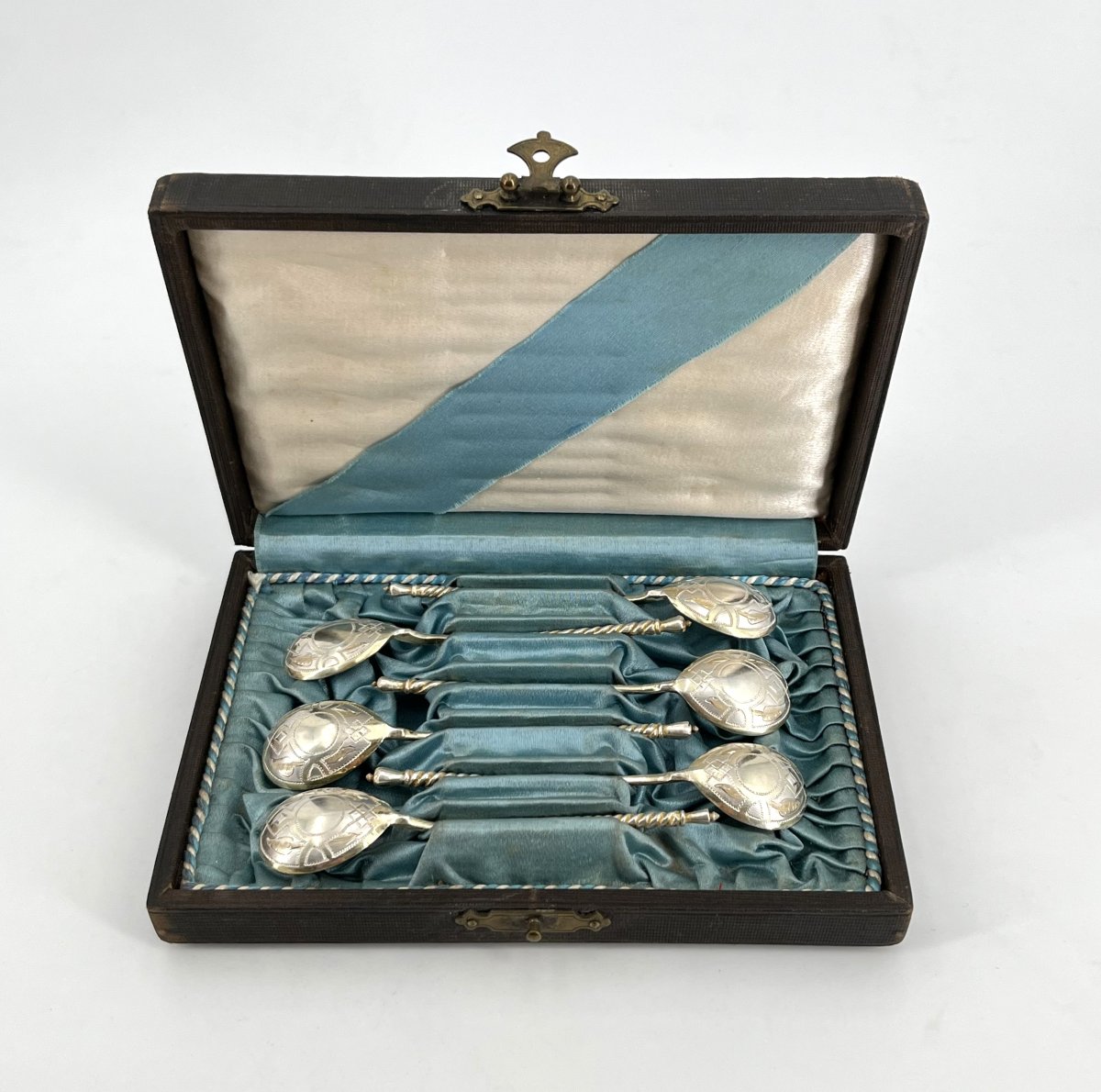 Set Of 6 Caviar Spoons Made Of Solid Silver And Vermeil, Russian Hallmark 84-photo-2