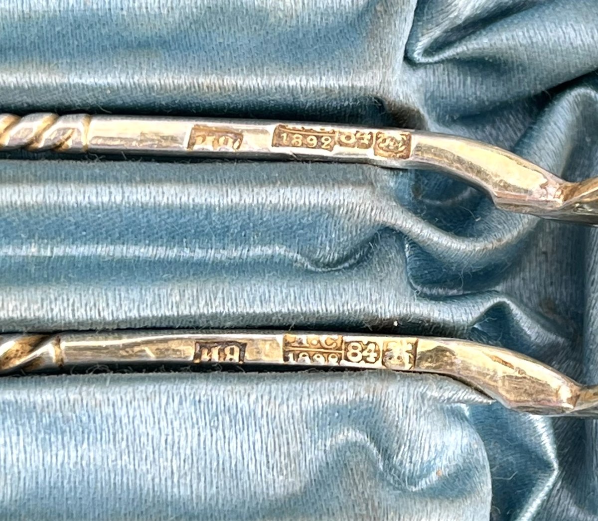 Set Of 6 Caviar Spoons Made Of Solid Silver And Vermeil, Russian Hallmark 84-photo-3