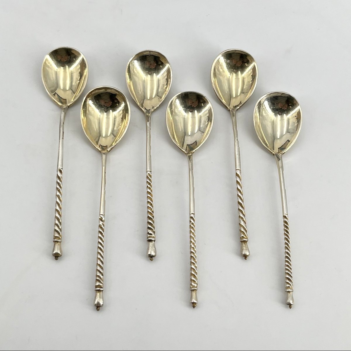 Set Of 6 Caviar Spoons Made Of Solid Silver And Vermeil, Russian Hallmark 84-photo-4
