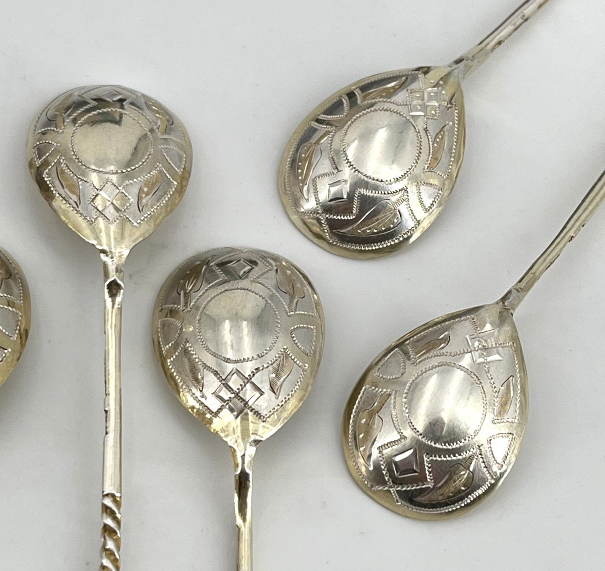 Set Of 6 Caviar Spoons Made Of Solid Silver And Vermeil, Russian Hallmark 84-photo-2