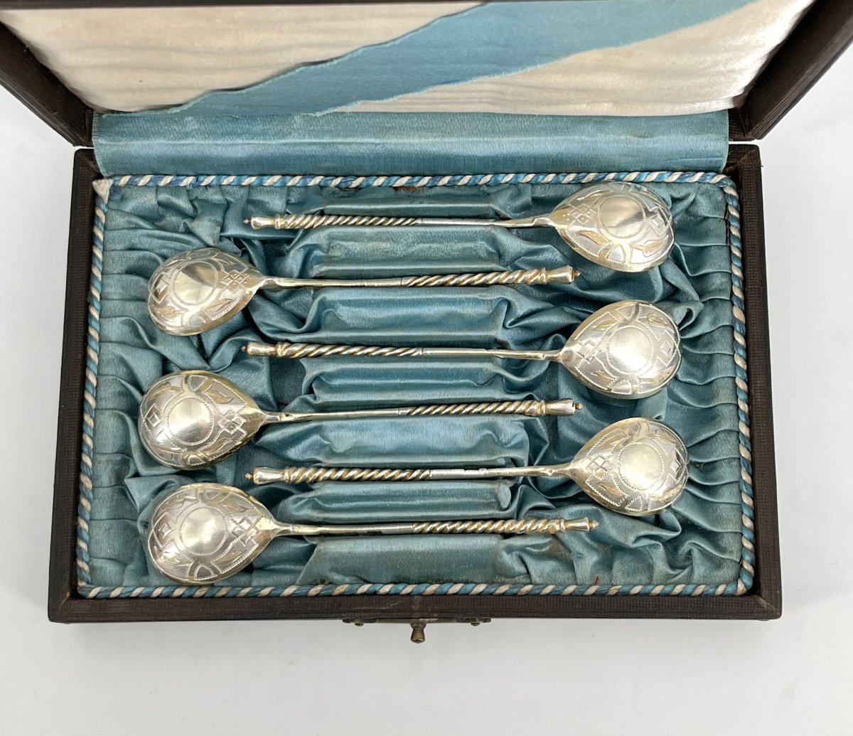 Set Of 6 Caviar Spoons Made Of Solid Silver And Vermeil, Russian Hallmark 84