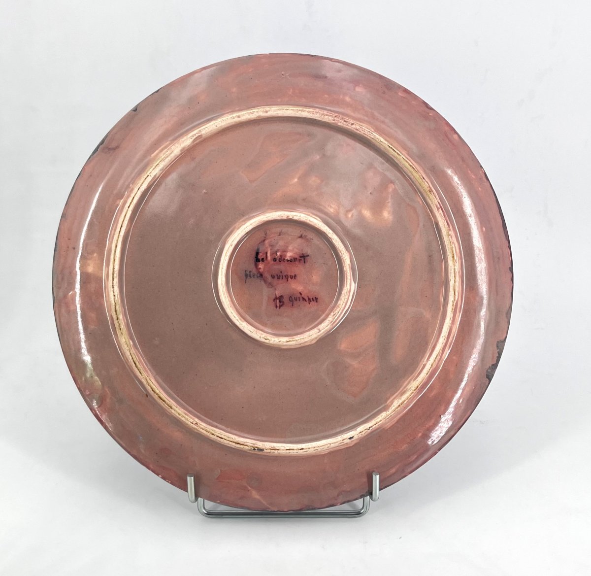 BEL DELECOURT - plat rond vintage en faïence émaillé à décor de coq, signé HB QUIMPER 32 cm-photo-3