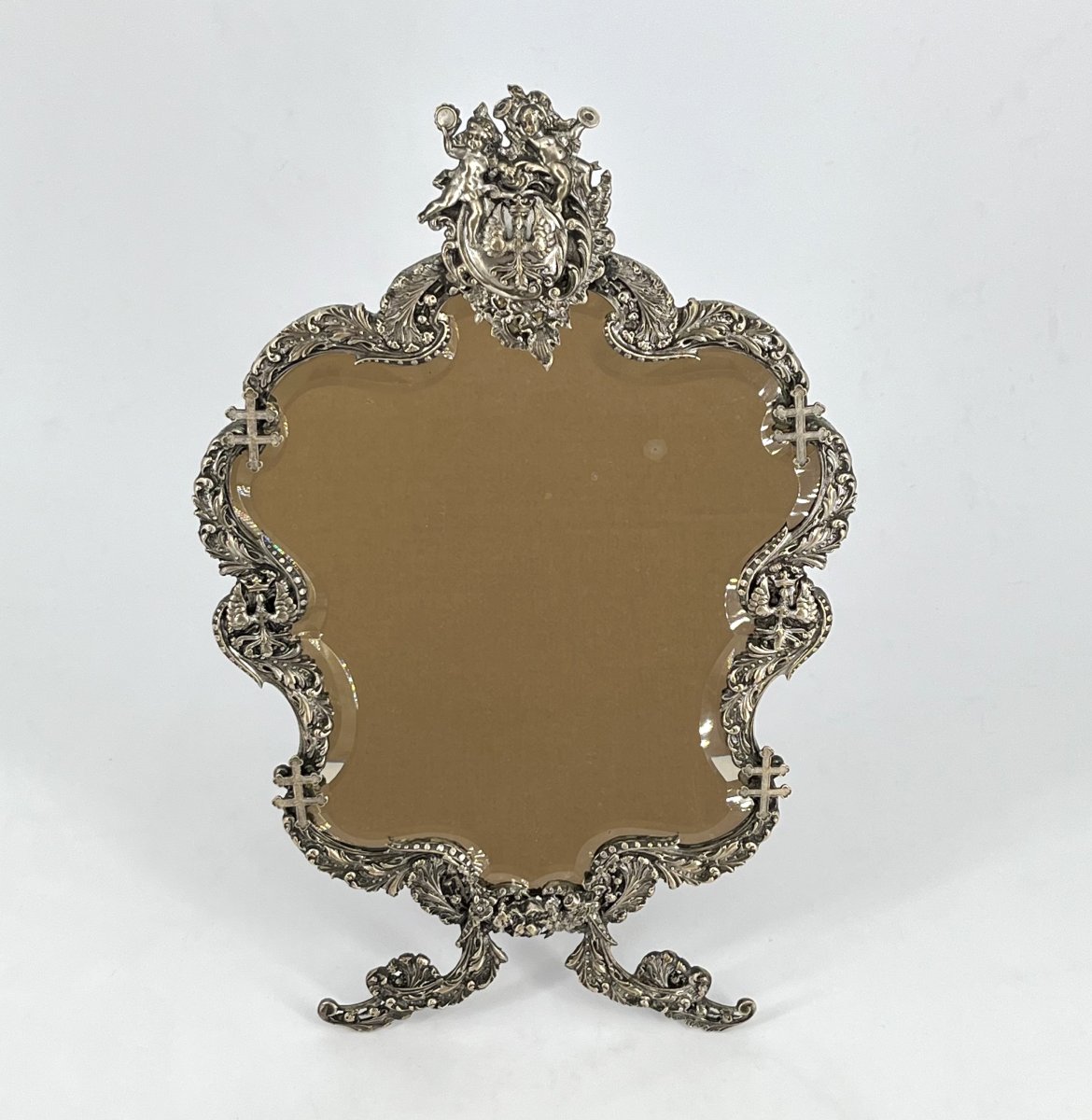 Antique Silver-plated Table Mirror Featuring Aleryons And The Cross Of Lorraine, 32 Cm-photo-2