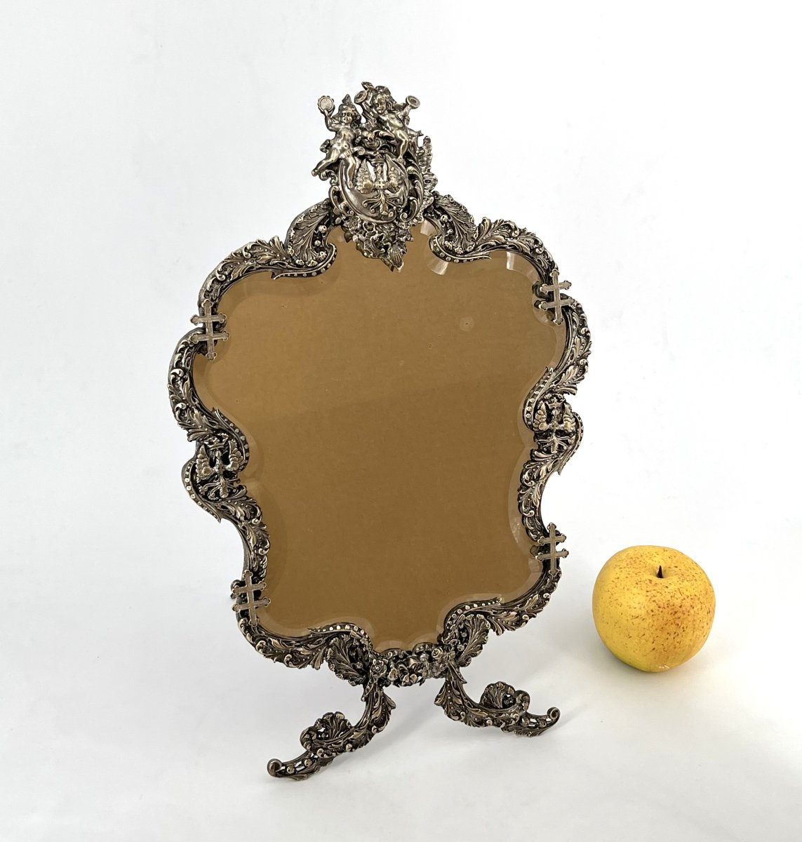 Antique Silver-plated Table Mirror Featuring Aleryons And The Cross Of Lorraine, 32 Cm-photo-3