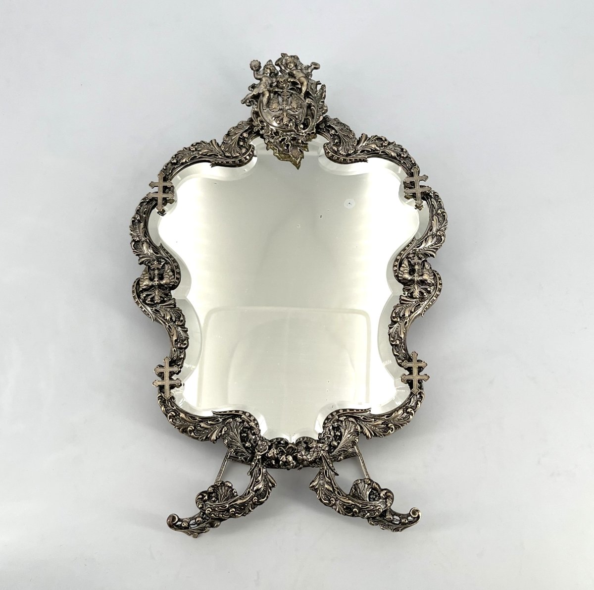 Antique Silver-plated Table Mirror Featuring Aleryons And The Cross Of Lorraine, 32 Cm-photo-4