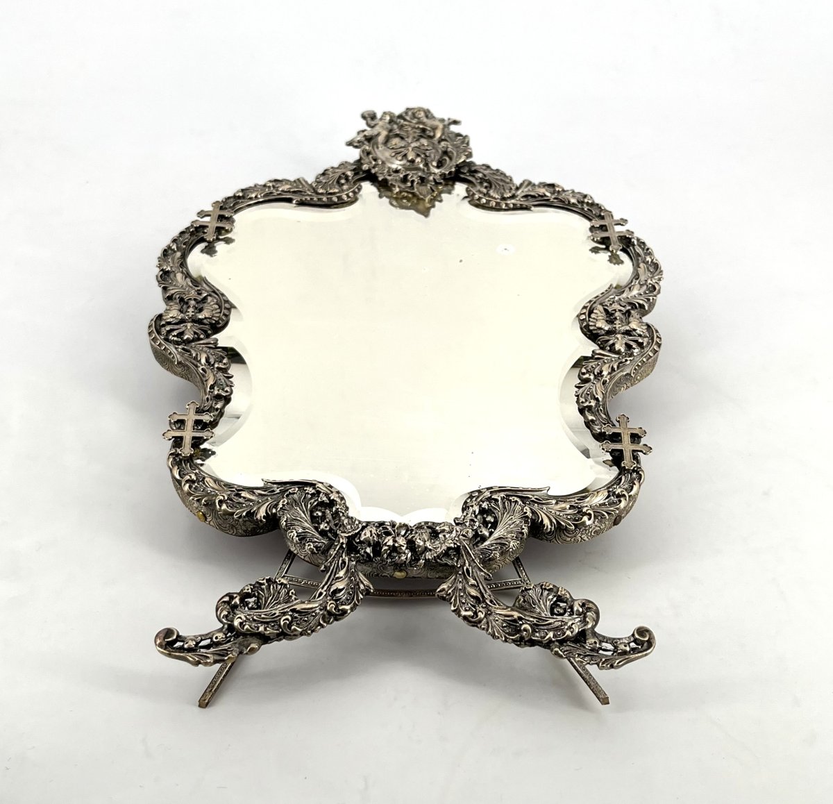 Antique Silver-plated Table Mirror Featuring Aleryons And The Cross Of Lorraine, 32 Cm-photo-1