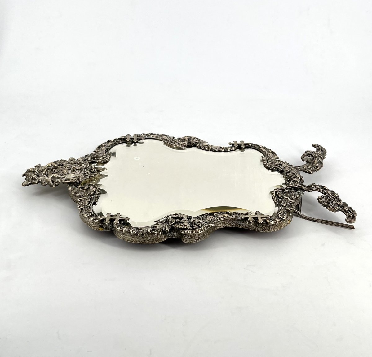 Antique Silver-plated Table Mirror Featuring Aleryons And The Cross Of Lorraine, 32 Cm-photo-2