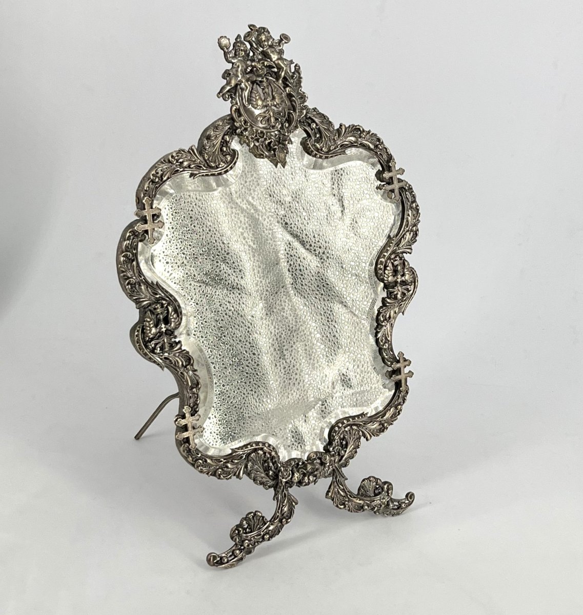 Antique Silver-plated Table Mirror Featuring Aleryons And The Cross Of Lorraine, 32 Cm