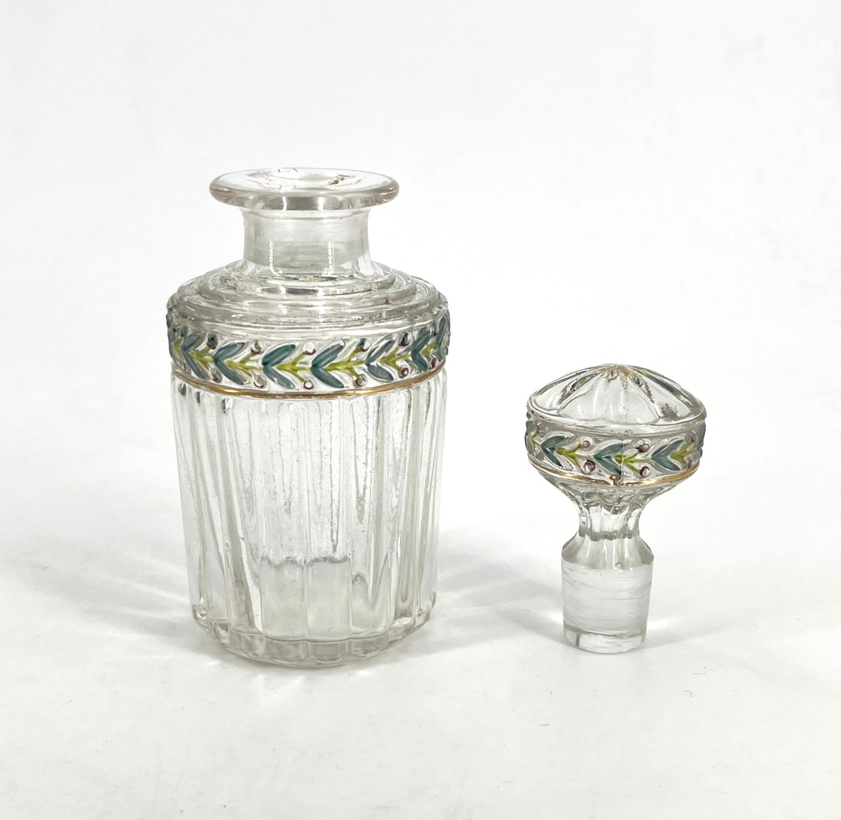 SAINT LOUIS - ancien flacon à parfum en cristal émaillé, modèle EMPIRE décor LAURIER 17,5 cm-photo-4