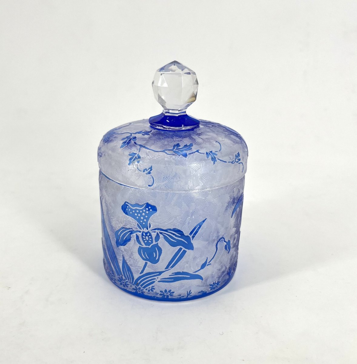 Val Saint Lambert - Acid-etched Crystal Powder Or Cotton Jar, Orchidees Model-photo-4