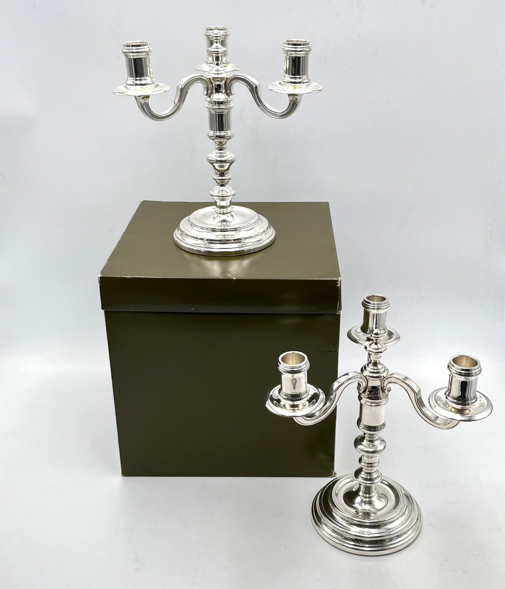 Christofle - Pair Of Silver-plated Metal Candlesticks - Albi Model - Like-new Condition-photo-2