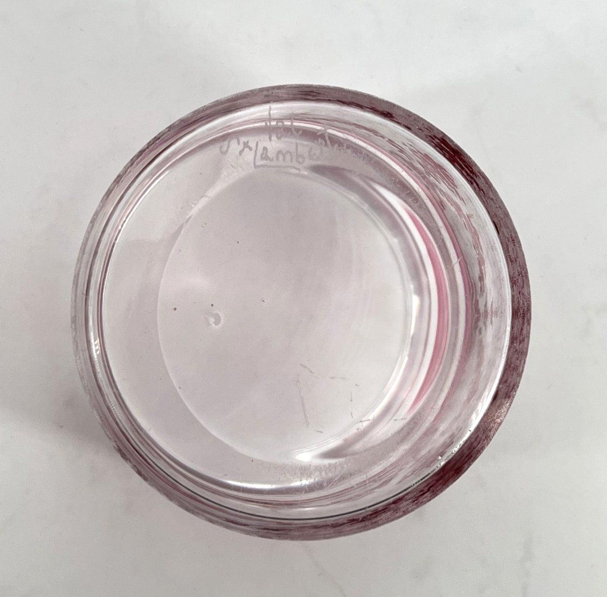 Val Saint Lambert - Round Crystal Box With Pink Lining, Acid-etched Design, Stamped-photo-8