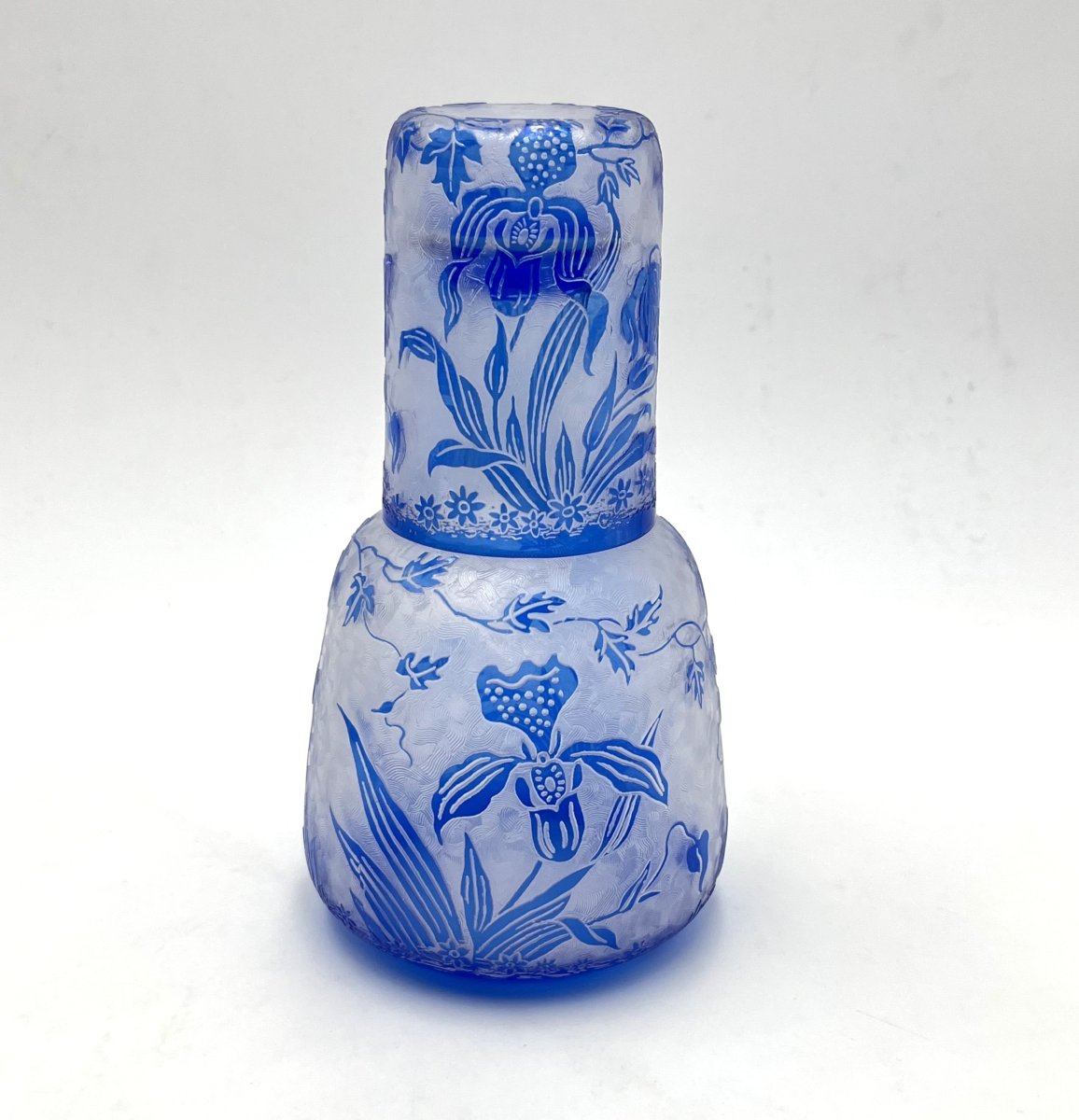 VAL SAINT LAMBERT - service "verre d'eau" en cristal BLEU gravé à l'acide modèle ORCHIDÉES-photo-3