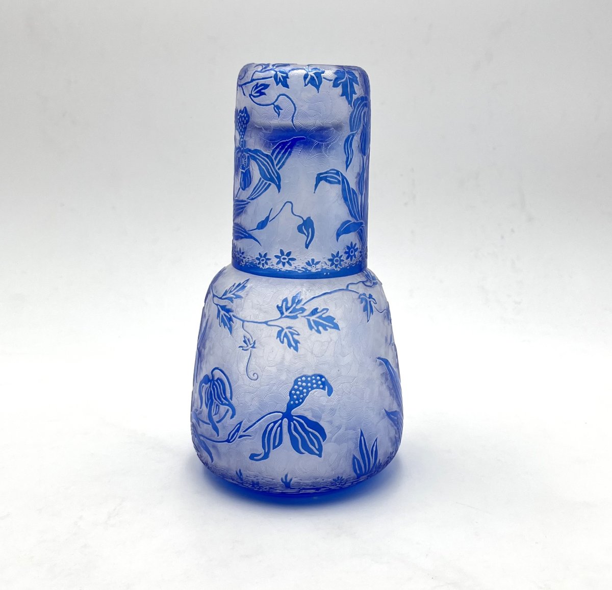 VAL SAINT LAMBERT - service "verre d'eau" en cristal BLEU gravé à l'acide modèle ORCHIDÉES-photo-4