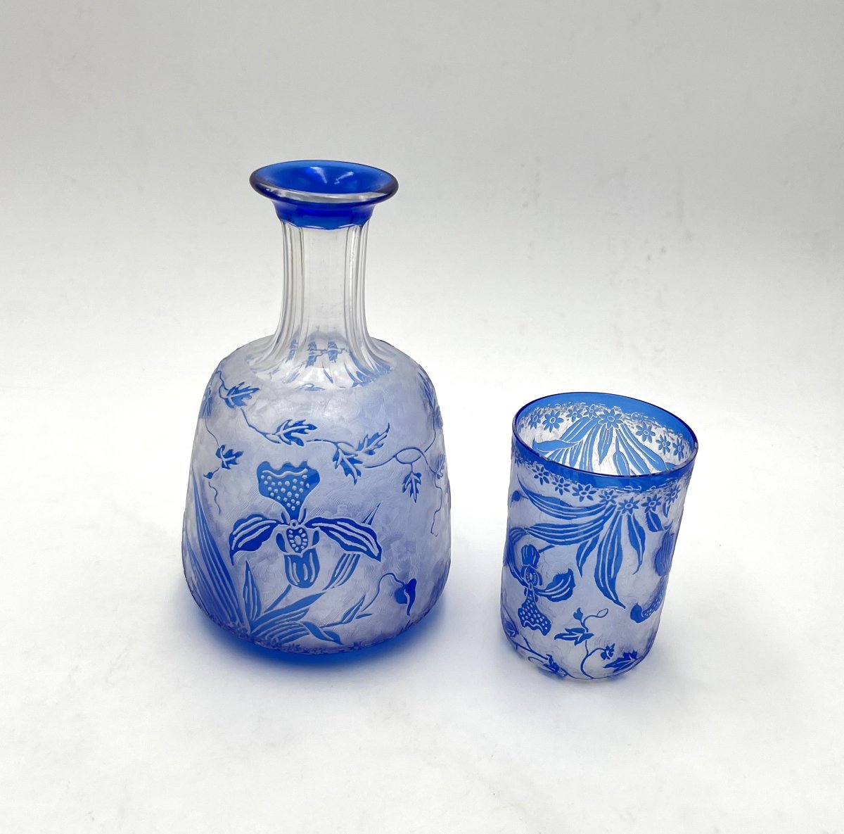 VAL SAINT LAMBERT - service "verre d'eau" en cristal BLEU gravé à l'acide modèle ORCHIDÉES-photo-3
