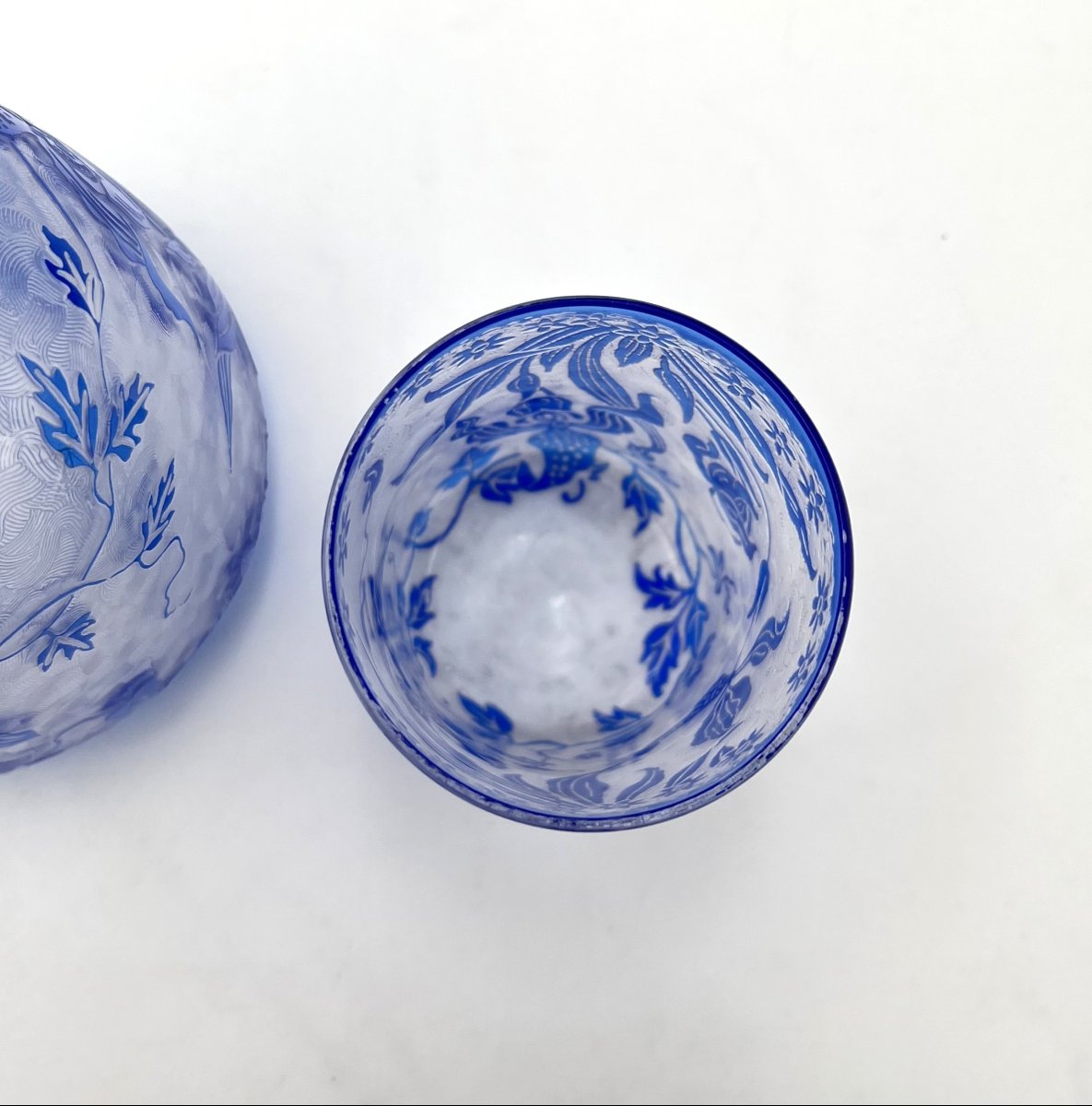 VAL SAINT LAMBERT - service "verre d'eau" en cristal BLEU gravé à l'acide modèle ORCHIDÉES-photo-4