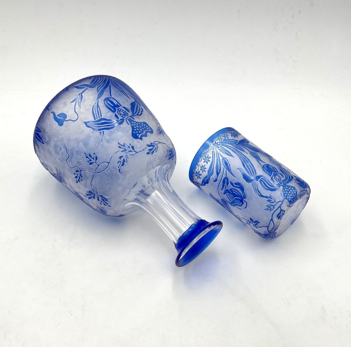 VAL SAINT LAMBERT - service "verre d'eau" en cristal BLEU gravé à l'acide modèle ORCHIDÉES-photo-5