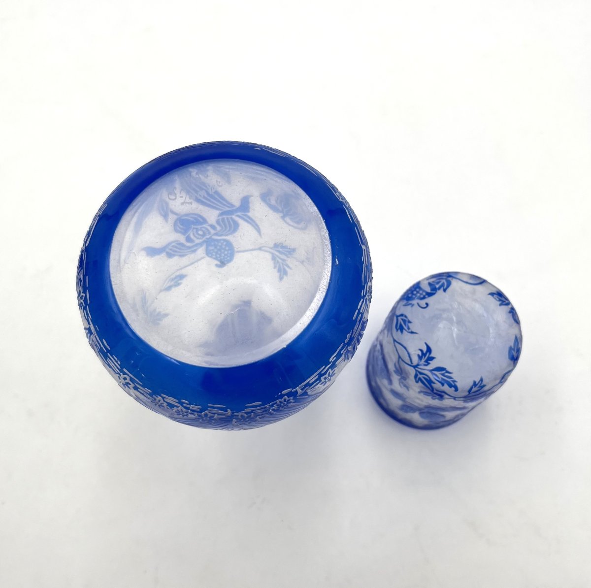 VAL SAINT LAMBERT - service "verre d'eau" en cristal BLEU gravé à l'acide modèle ORCHIDÉES-photo-7